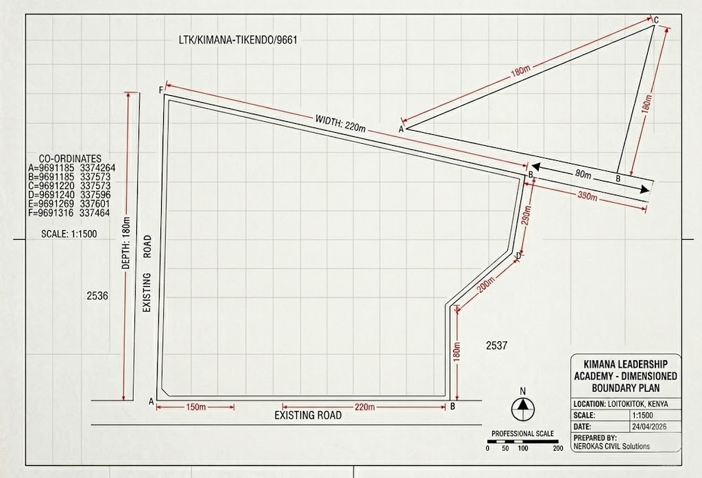 Kimana Leadership Academy — Dimensioned Boundary Plan, Nerokas Civil Solutions